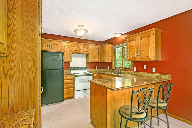 204 10th Ave N, Cold Spring, MN 56320 - kitchen with freestanding refrigerator, white electric stove, a peninsula, brown cabinets, and stone counters