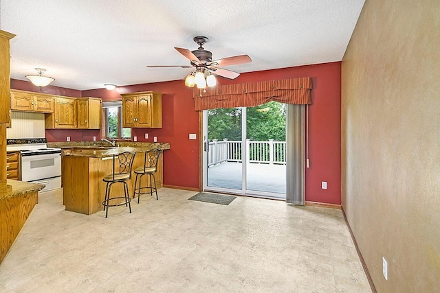 204 10th Ave N, Cold Spring, MN 56320 - kitchen featuring white range with electric stovetop, brown cabinets, plenty of natural light, and a ceiling fan