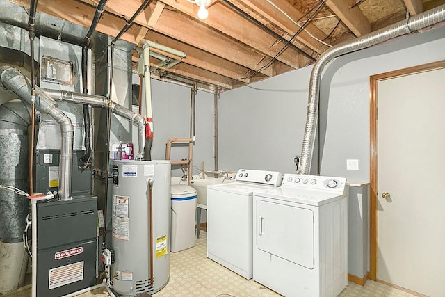 204 10th Ave N, Cold Spring, MN 56320 - laundry room featuring gas water heater, washer and clothes dryer, light flooring, and heating unit