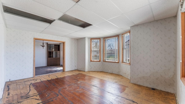 spare room with a paneled ceiling and hardwood / wood-style floors