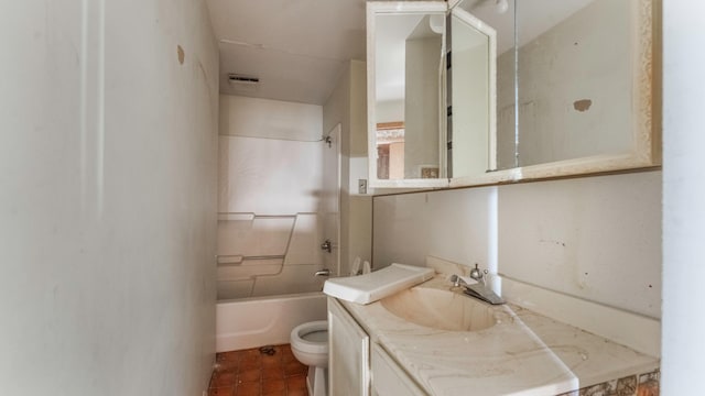 full bathroom featuring visible vents, vanity, toilet, tile patterned floors, and shower / washtub combination