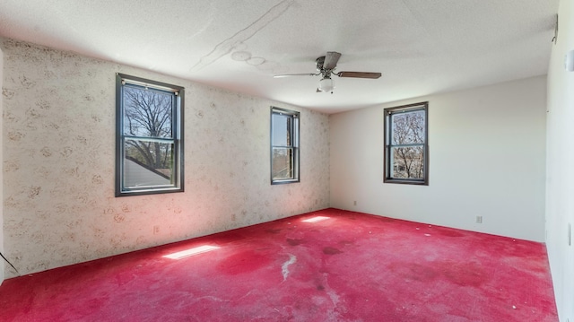 carpeted empty room featuring ceiling fan and a textured ceiling
