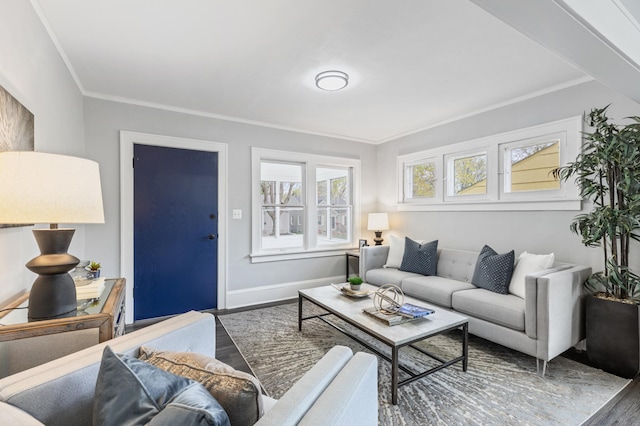 living room featuring crown molding, baseboards, and wood finished floors