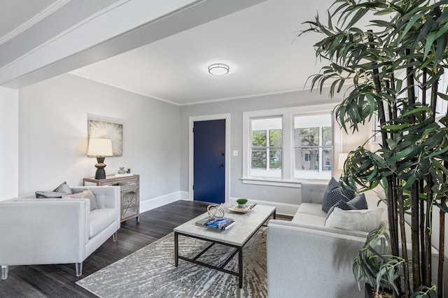 living room with baseboards, dark wood-style floors, and ornamental molding