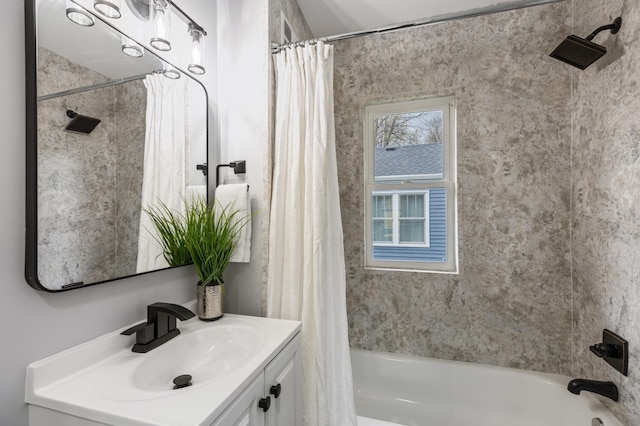 bathroom with shower / bath combination with curtain and vanity