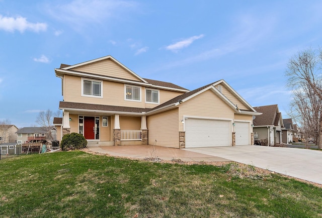 16268 Tahinka Ct NW, Prior Lake, MN 55372 - craftsman inspired home with an attached garage, a porch, driveway, a front lawn, and roof with shingles