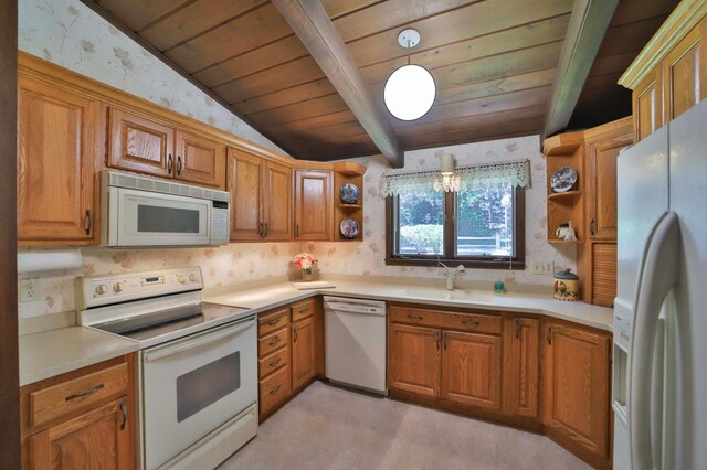 2072 Bluebill Ln SW, Nisswa, MN 56468 - kitchen featuring white appliances, open shelves, wooden ceiling, a sink, and brown cabinets