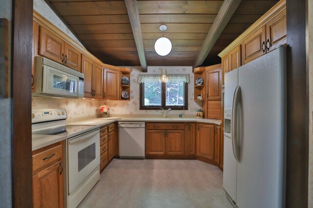 2072 Bluebill Ln SW, Nisswa, MN 56468 - kitchen with white appliances, open shelves, wooden ceiling, beam ceiling, and light countertops