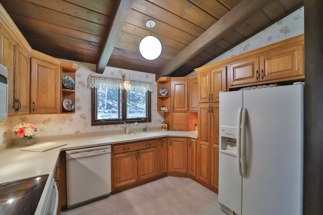2072 Bluebill Ln SW, Nisswa, MN 56468 - kitchen with white appliances, open shelves, a sink, wood ceiling, and pendant lighting