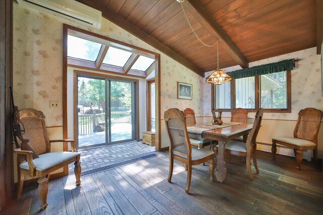 2072 Bluebill Ln SW, Nisswa, MN 56468 - dining room featuring wallpapered walls, a wall unit AC, dark wood-style floors, a baseboard heating unit, and healthy amount of natural light
