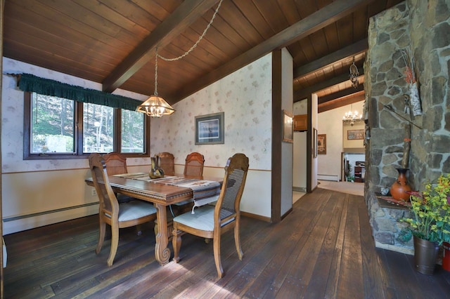 2072 Bluebill Ln SW, Nisswa, MN 56468 - dining room with a chandelier, a baseboard heating unit, wooden ceiling, wallpapered walls, and hardwood / wood-style floors