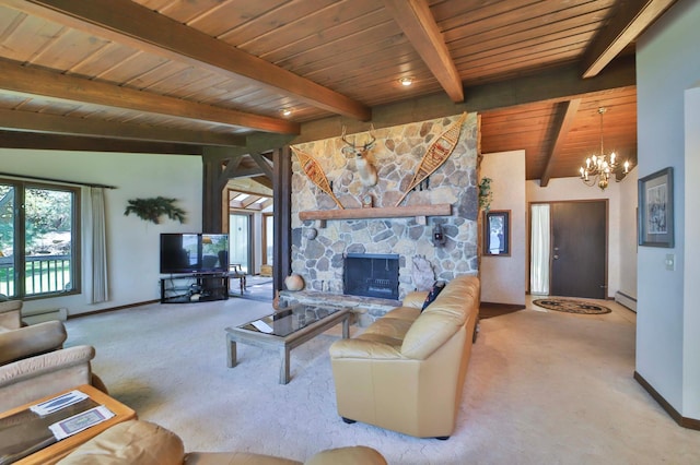 2072 Bluebill Ln SW, Nisswa, MN 56468 - carpeted living area featuring baseboards, a chandelier, wooden ceiling, a baseboard radiator, and a fireplace