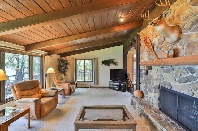 2072 Bluebill Ln SW, Nisswa, MN 56468 - living room featuring carpet, a fireplace, wooden ceiling, baseboards, and a baseboard heating unit