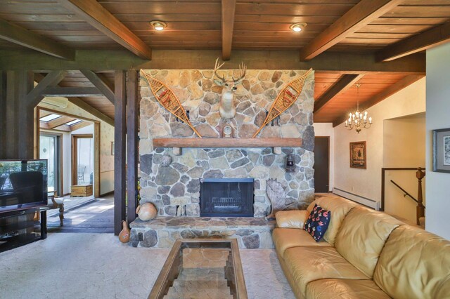 2072 Bluebill Ln SW, Nisswa, MN 56468 - living room featuring wood ceiling, baseboard heating, a fireplace, a chandelier, and carpet