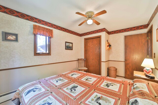 2072 Bluebill Ln SW, Nisswa, MN 56468 - bedroom featuring baseboard heating and a ceiling fan