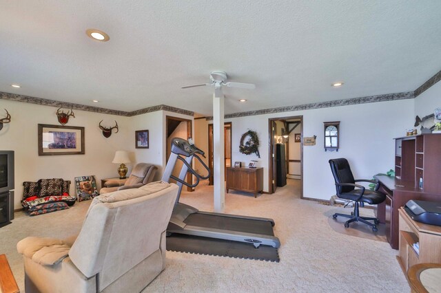2072 Bluebill Ln SW, Nisswa, MN 56468 - workout room with carpet floors, ceiling fan, recessed lighting, a textured ceiling, and baseboards
