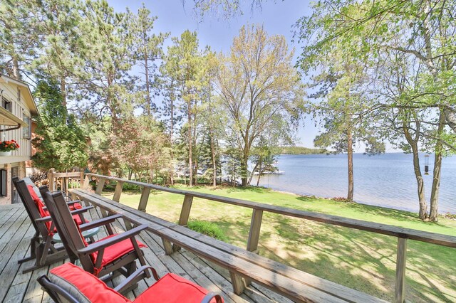 2072 Bluebill Ln SW, Nisswa, MN 56468 - wooden deck with a water view and a lawn