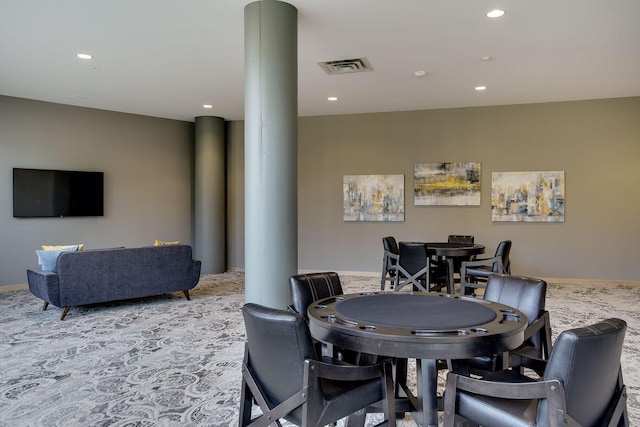 rec room featuring recessed lighting, decorative columns, carpet flooring, and visible vents
