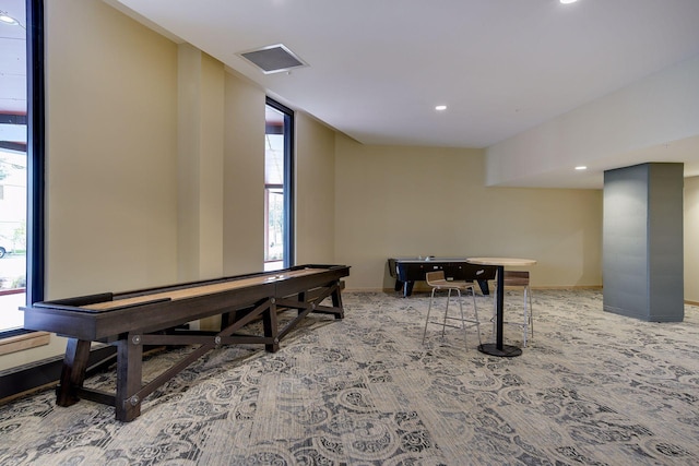 game room featuring recessed lighting, baseboards, visible vents, and carpet
