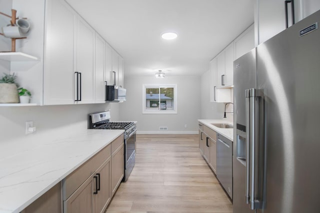 kitchen with open shelves, appliances with stainless steel finishes, a sink, light wood finished floors, and baseboards
