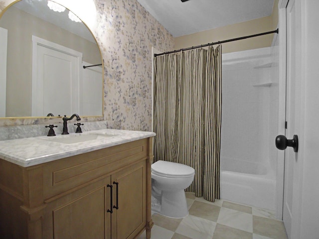 full bathroom with vanity, wallpapered walls, toilet, and shower / bath combination with curtain