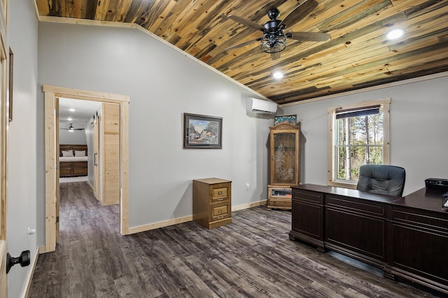 office space featuring wooden ceiling, vaulted ceiling, dark wood-style flooring, a wall unit AC, and a ceiling fan
