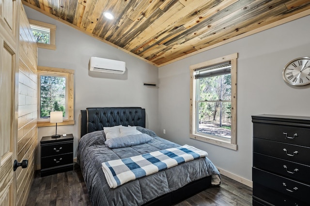 bedroom featuring lofted ceiling, a wall mounted AC, multiple windows, and wooden ceiling