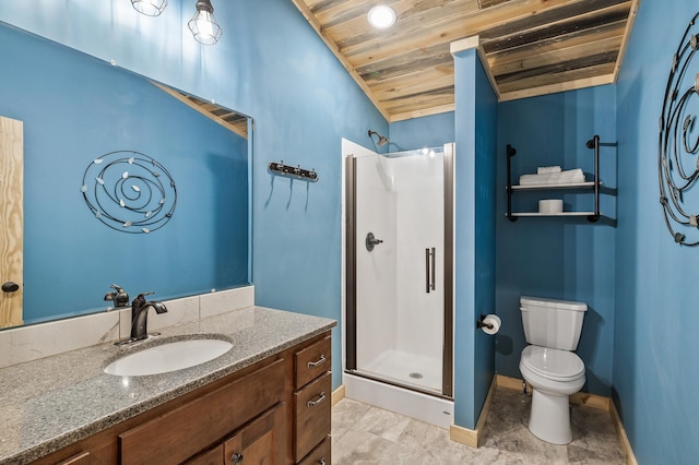 bathroom with a stall shower, baseboards, toilet, wood ceiling, and vanity