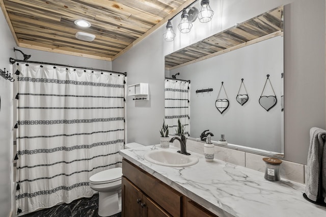 full bath featuring curtained shower, vanity, toilet, and wood ceiling