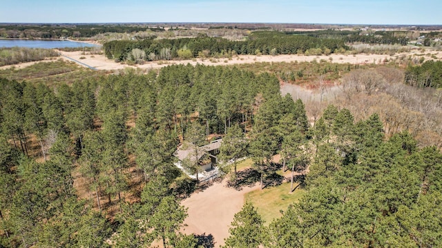 aerial view with a water view and a view of trees