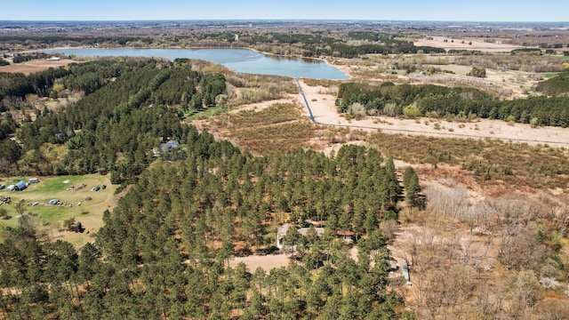drone / aerial view featuring a forest view and a water view