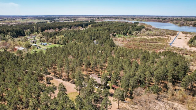 aerial view with a water view and a view of trees