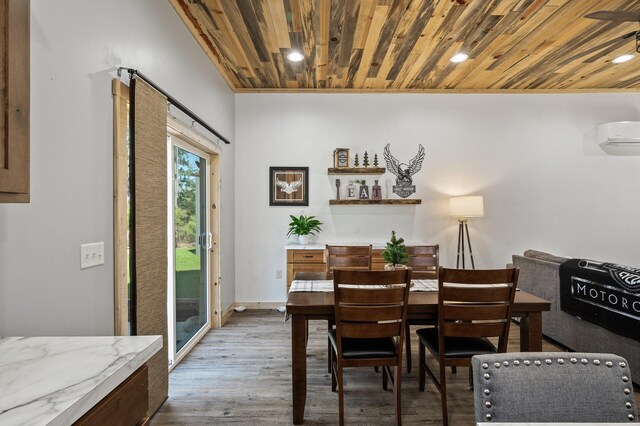 6070 Aspen Rd, Princeton, MN 55371 - dining area with wooden ceiling, recessed lighting, an AC wall unit, and wood finished floors