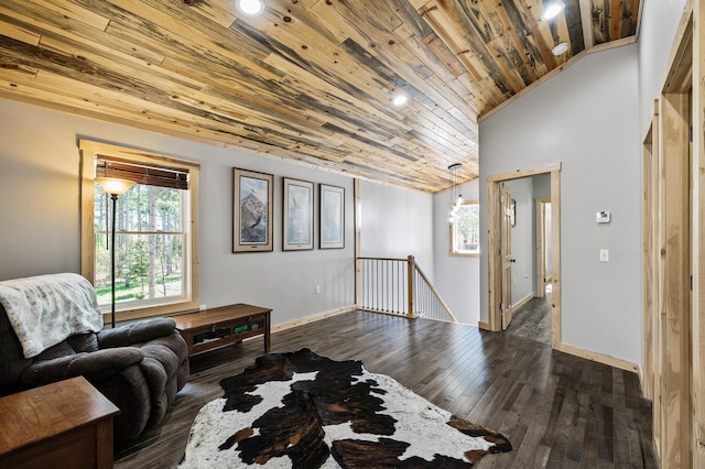 6070 Aspen Rd, Princeton, MN 55371 - living room with a wealth of natural light, wooden ceiling, dark wood-type flooring, and baseboards