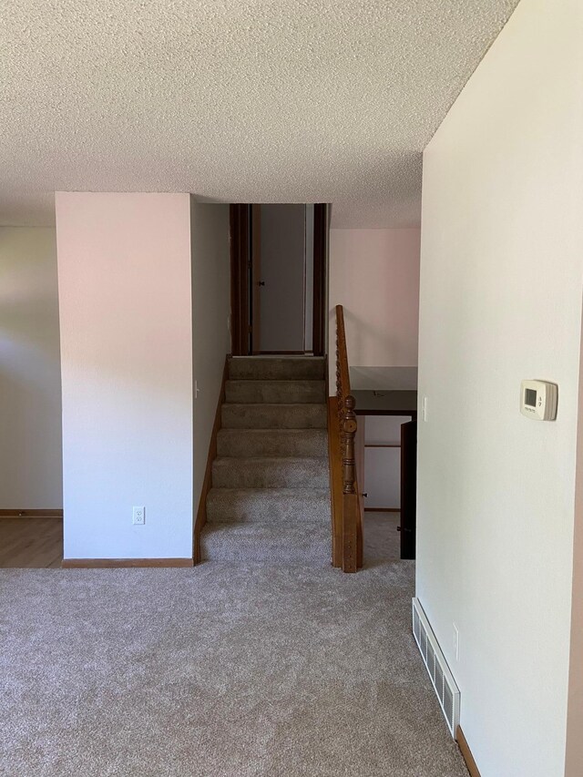 204 8th St N, Sartell, MN 56377 - stairway featuring a textured ceiling, carpet flooring, and baseboards