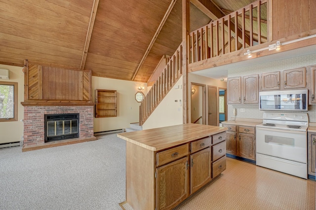 10121 Comstock Rd, Hayward, WI 54843 - kitchen featuring stainless steel microwave, white electric range, wood ceiling with exposed beams, open floor plan, and a baseboard radiator