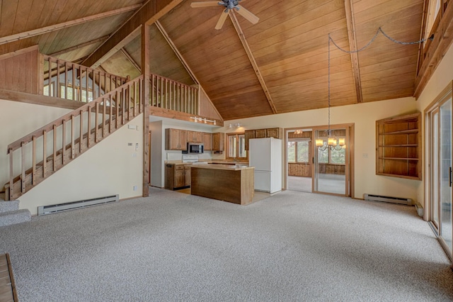 10121 Comstock Rd, Hayward, WI 54843 - unfurnished living room featuring baseboard heating, a chandelier, wood ceiling with exposed beams, light colored carpet, and high vaulted ceiling