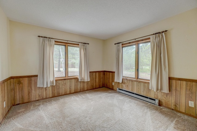 10121 Comstock Rd, Hayward, WI 54843 - spare room featuring a baseboard heating unit, wooden walls, healthy amount of natural light, wainscoting, and light colored carpet