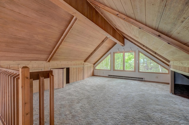 10121 Comstock Rd, Hayward, WI 54843 - bonus room with a baseboard radiator, wood ceiling, and carpet flooring