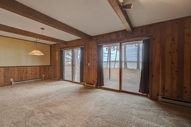 10121 Comstock Rd, Hayward, WI 54843 - unfurnished room featuring a baseboard radiator, wooden walls, beam ceiling, a water view, and carpet flooring
