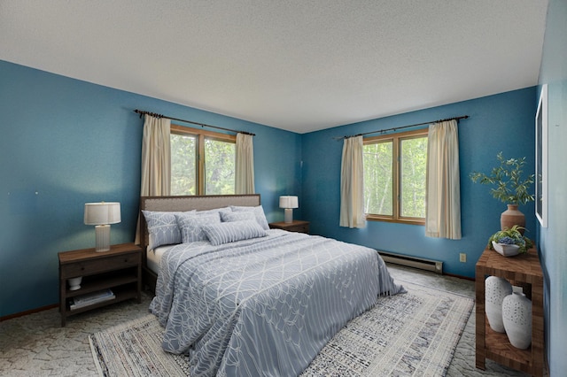 10121 Comstock Rd, Hayward, WI 54843 - bedroom with a baseboard radiator, carpet floors, a textured ceiling, and baseboards