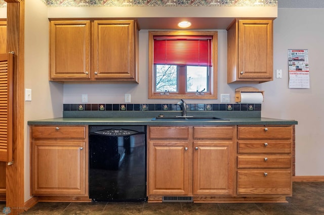 23898 324th Ave, Sverdrup Twp, MN 56586 - kitchen with a sink, dark countertops, visible vents, and dishwasher