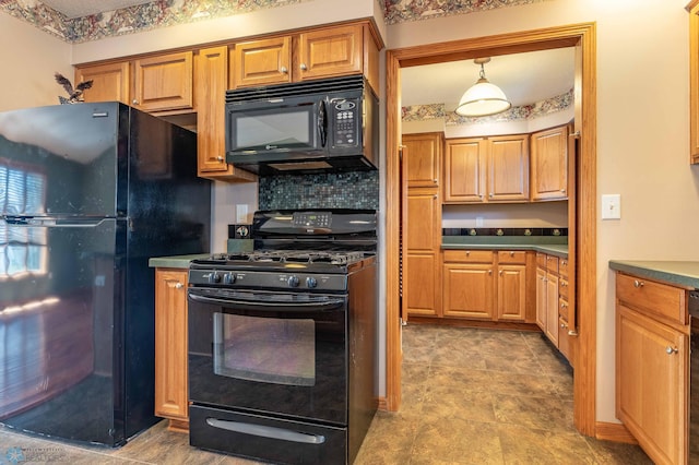 23898 324th Ave, Sverdrup Twp, MN 56586 - kitchen featuring black appliances, dark countertops, brown cabinets, and decorative backsplash