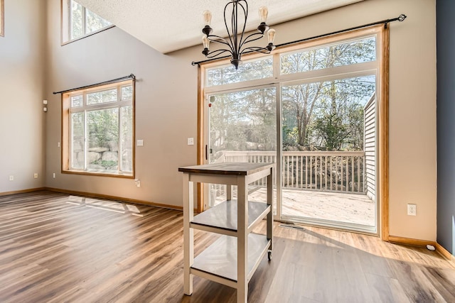 unfurnished dining area featuring wood finished floors, a chandelier, and baseboards