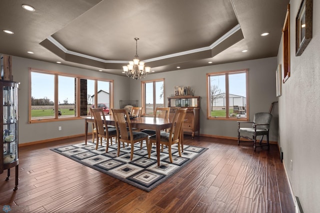6435 172nd Ave SE, Colfax, ND 58018 - dining area featuring dark wood-style flooring, a tray ceiling, a notable chandelier, and baseboards