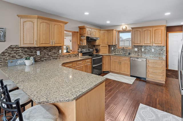 6435 172nd Ave SE, Colfax, ND 58018 - kitchen with appliances with stainless steel finishes, a sink, a peninsula, a kitchen bar, and dark wood-style floors