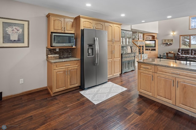 6435 172nd Ave SE, Colfax, ND 58018 - kitchen with backsplash, dark wood-style flooring, appliances with stainless steel finishes, light stone countertops, and recessed lighting