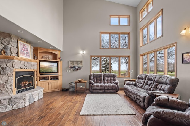 6435 172nd Ave SE, Colfax, ND 58018 - living area featuring a high ceiling, hardwood / wood-style floors, and a fireplace