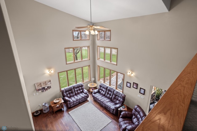 6435 172nd Ave SE, Colfax, ND 58018 - living room with a high ceiling, a healthy amount of sunlight, ceiling fan, and wood finished floors