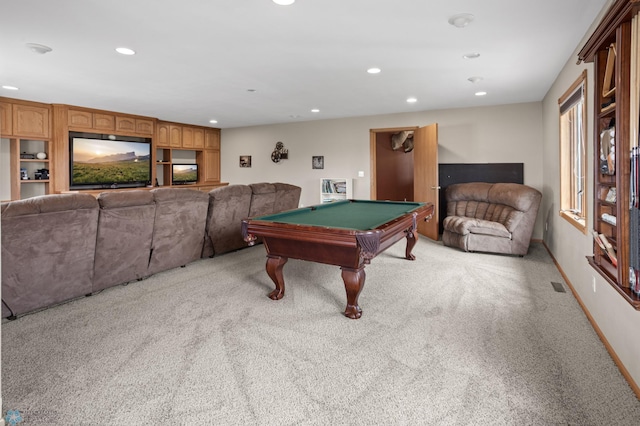 6435 172nd Ave SE, Colfax, ND 58018 - game room featuring visible vents, baseboards, recessed lighting, light colored carpet, and pool table